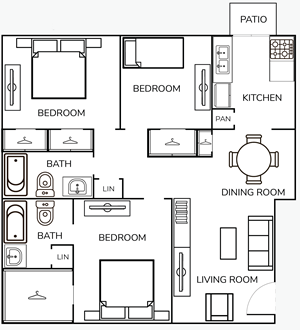 Three Bedroom / Two Bath - 1300 Sq. Ft.*