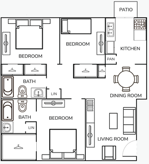 Three Bedroom / Two Bath - 1300 Sq.Ft.*